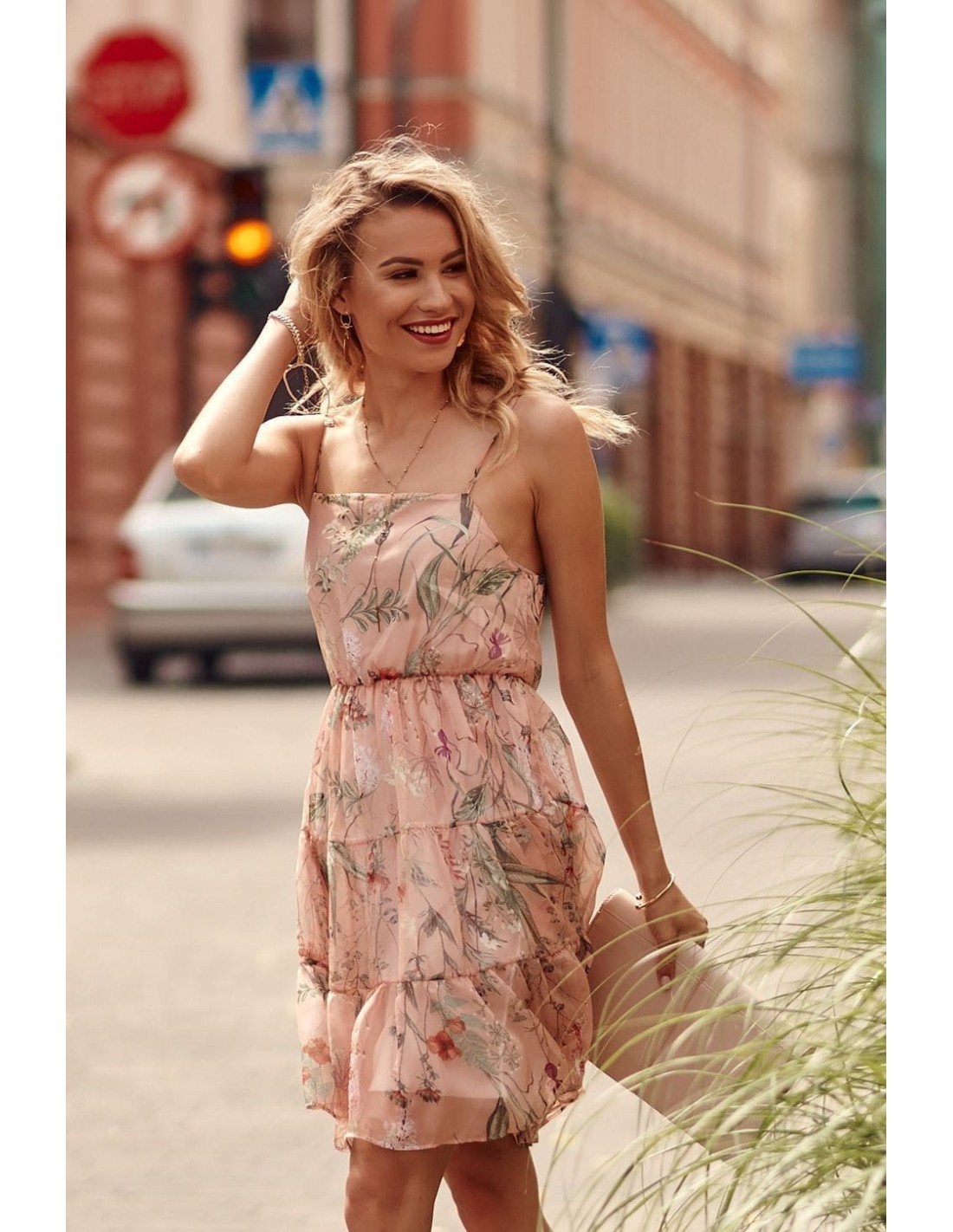 Airy dress with patterns, powder PR3213 - Online store - Boutique